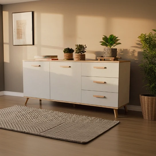 Helles Wohnzimmer mit schlichten Möbeln und Holzdetails