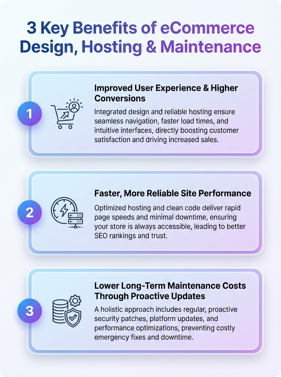 3 key benefits of eCommerce design, hosting and maintenance for eCommerce stores.