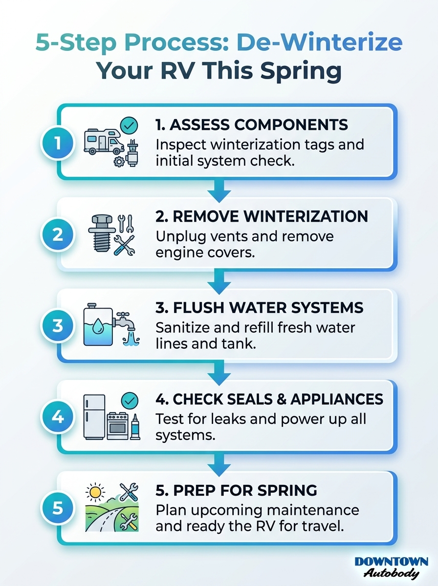 Infographic: The 'Spring Awakening' RV De-Winterization — 5-step process to de-winterize your RV this Spring.