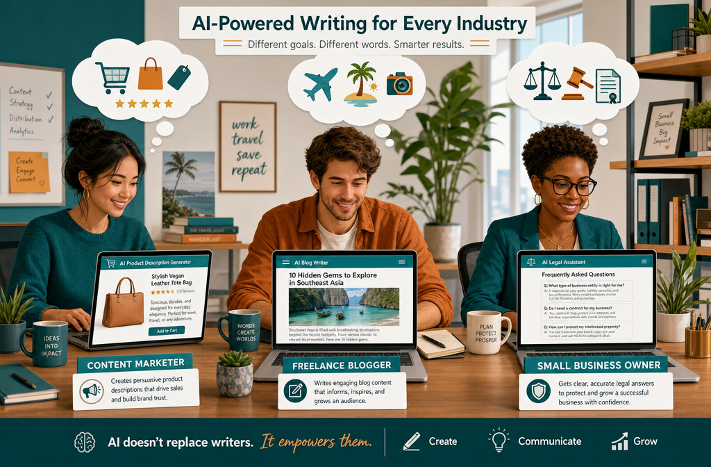 Image 3: Landscape format (1536x1024) conceptual illustration showing a diverse group of three professionals — a content marketer, a freelance blogger, and a small business owner — each seated at separate desks with laptop screens showing AI-generated content in different industries: e-commerce product descriptions, a travel blog, and a legal FAQ page. Above each person floats a thought bubble with industry icons. Warm, approachable office lighting, modern flat-illustration style with subtle depth, professional color palette of teal, warm orange, and white, editorial quality.