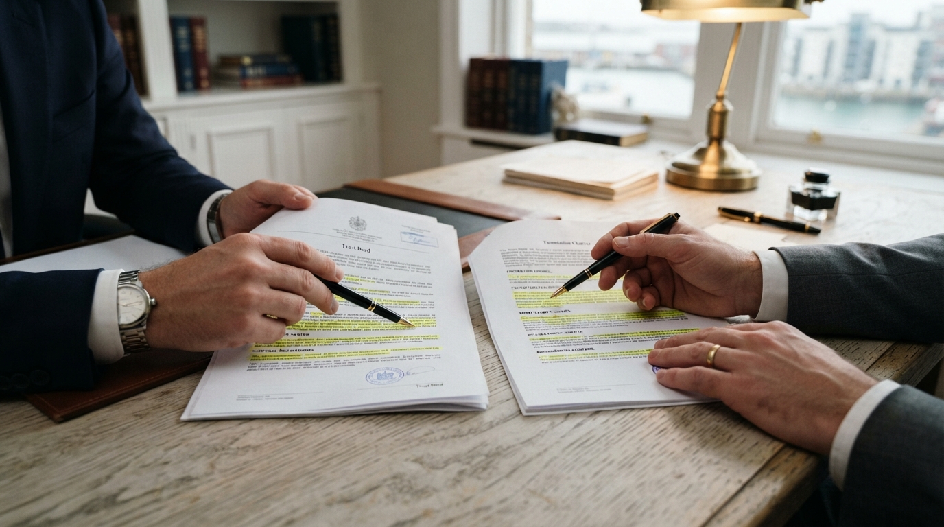 A close-up shows two hands comparing a trust deed and foundation charter, with highlighted clauses about ownership and