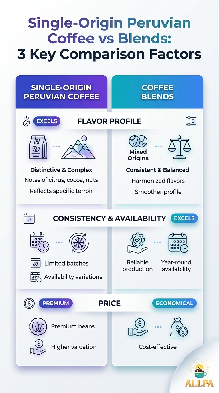 Infographic comparing Single-Origin Peruvian Coffee vs Blends across 3 key factors: flavor, price, sustainability.