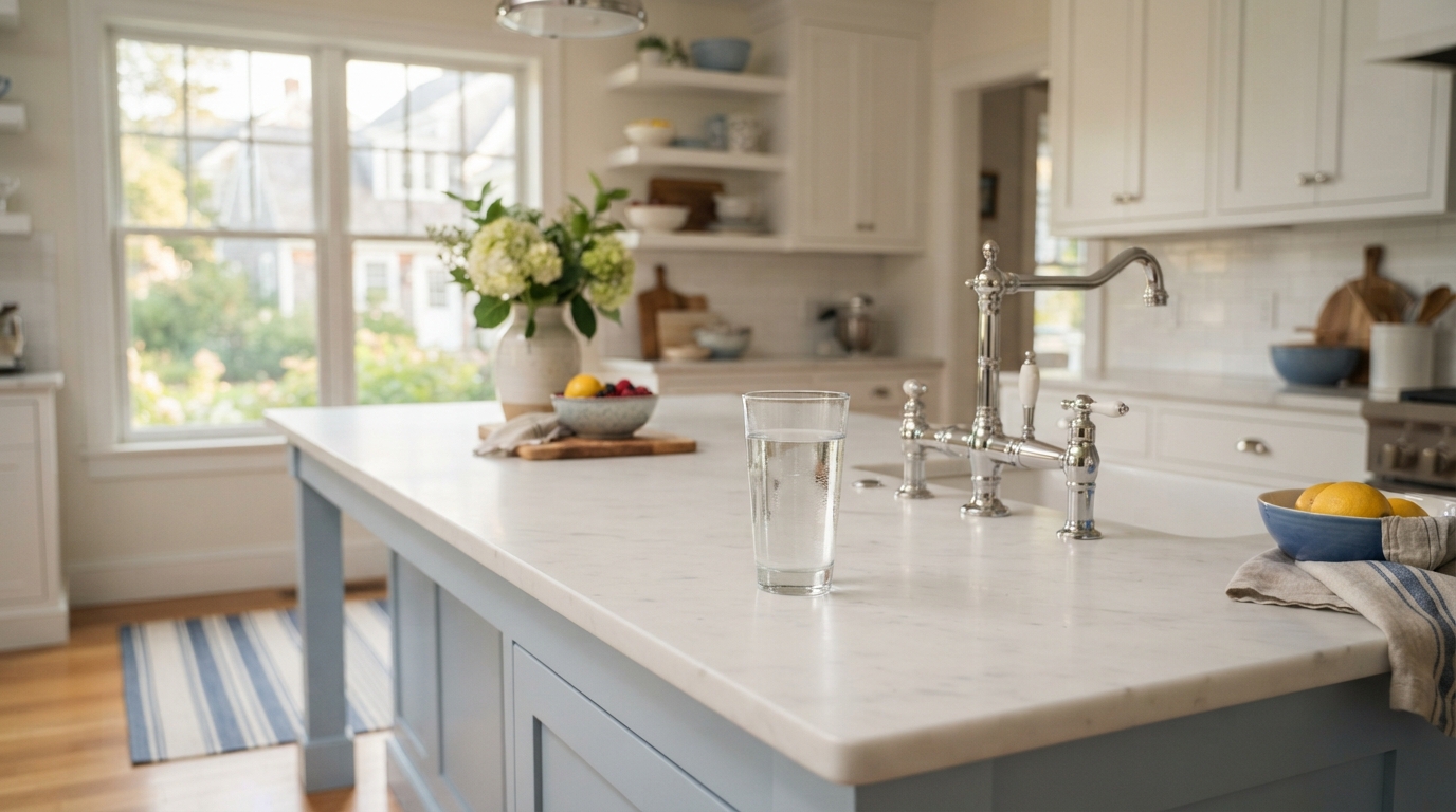 Vista amplia de una cocina blanca de Nueva Inglaterra, con un vaso de agua clara sobre la isla y una llave cromada
