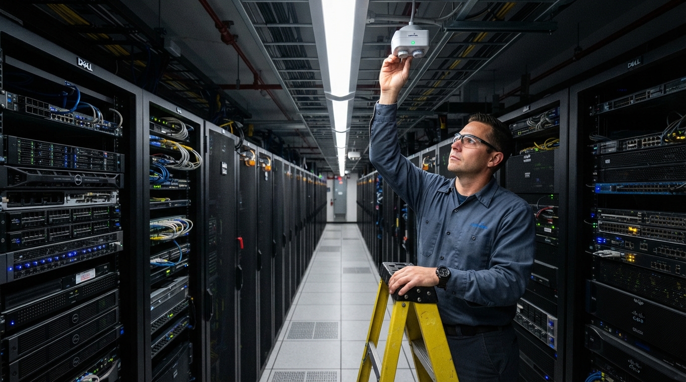 A hand adjusts a compact occupancy sensor on the ceiling as evenly spaced lights illuminate a data center aisle below.