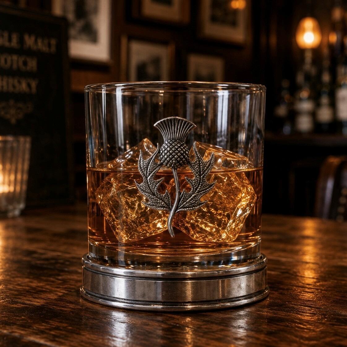 Signature pewter whisky tumbler with thistle motif