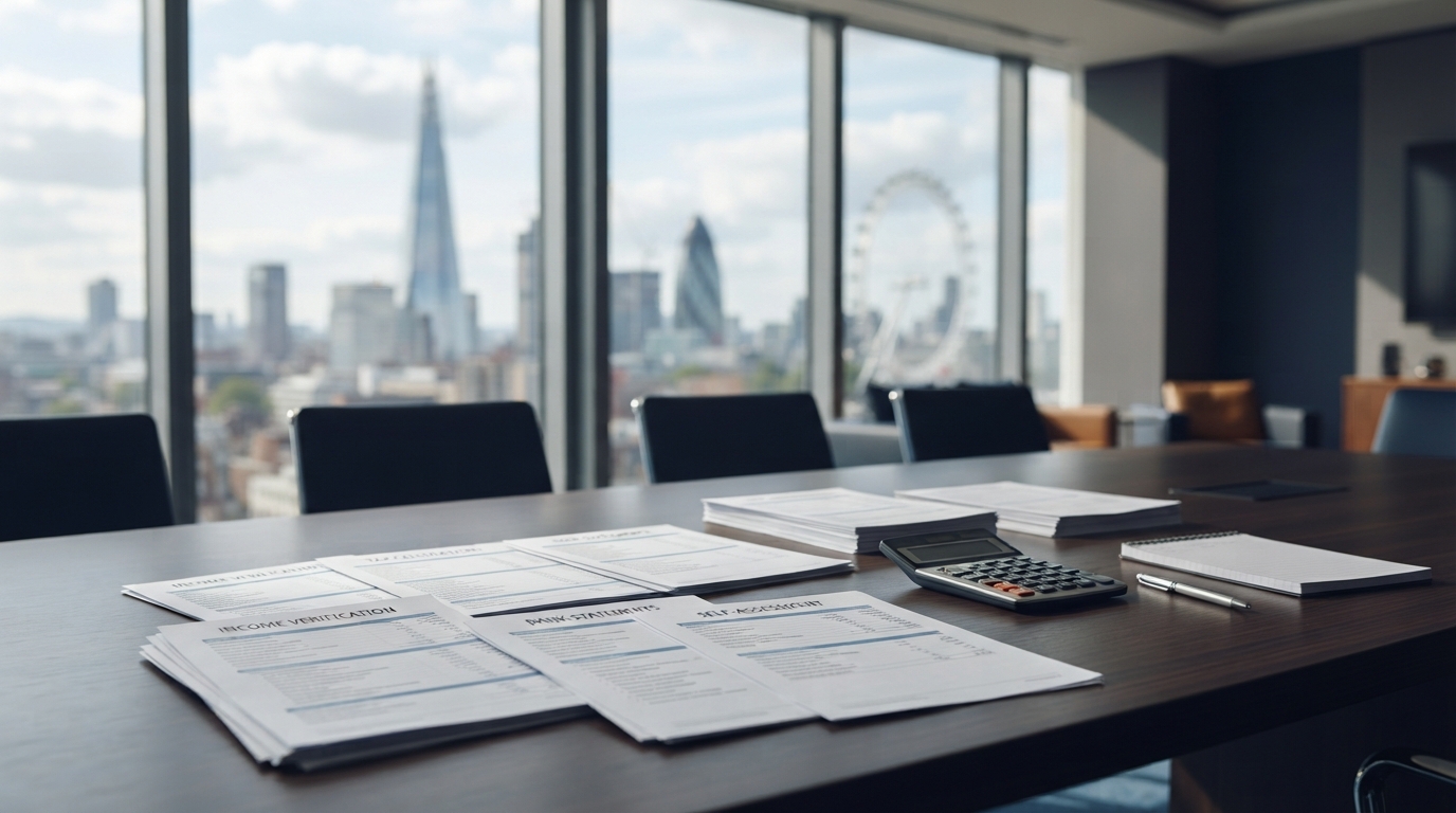 An empty professional office meeting table holds neatly organised income documents and a calculator, with a softly blurred