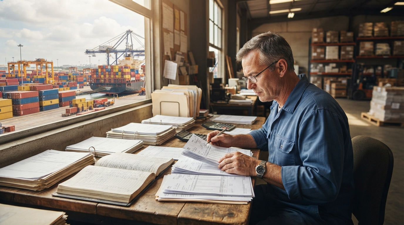 An exporter checks years of shipping invoices and company ledgers in a sunlit warehouse overlooking cargo containers at a