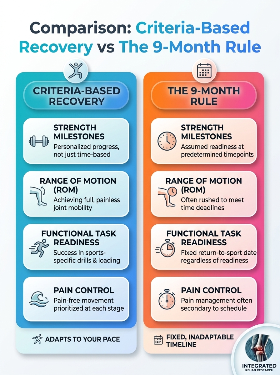 Infographic comparing criteria-based recovery to the 9-month rule, highlighting differences in approach and timelines.
