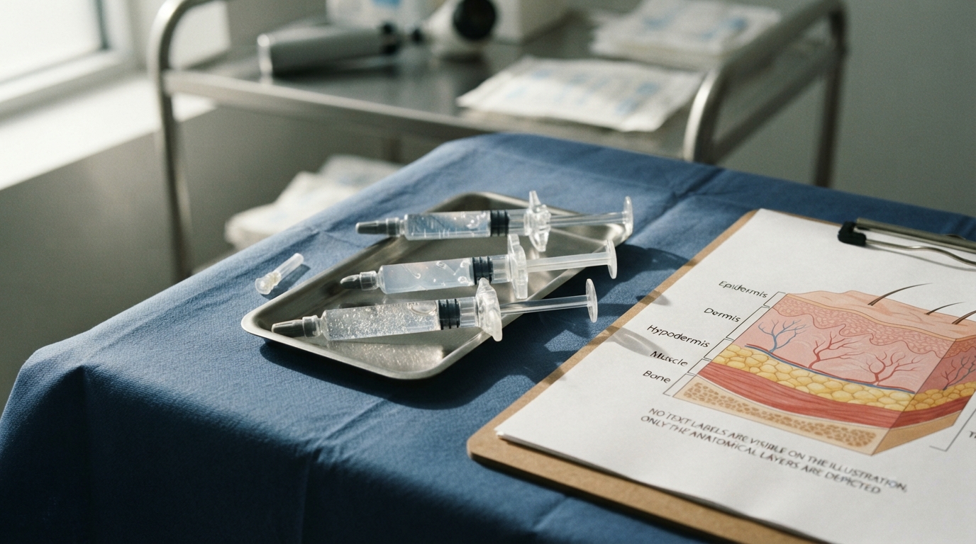 Unbranded hyaluronic acid filler syringes with visibly different gel textures sit beside a tissue-layer anatomical