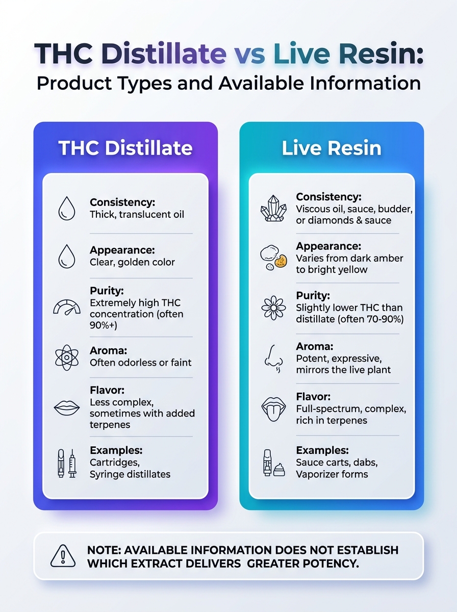 THC distillate vs. live resin infographic comparing product types and available information about potency.