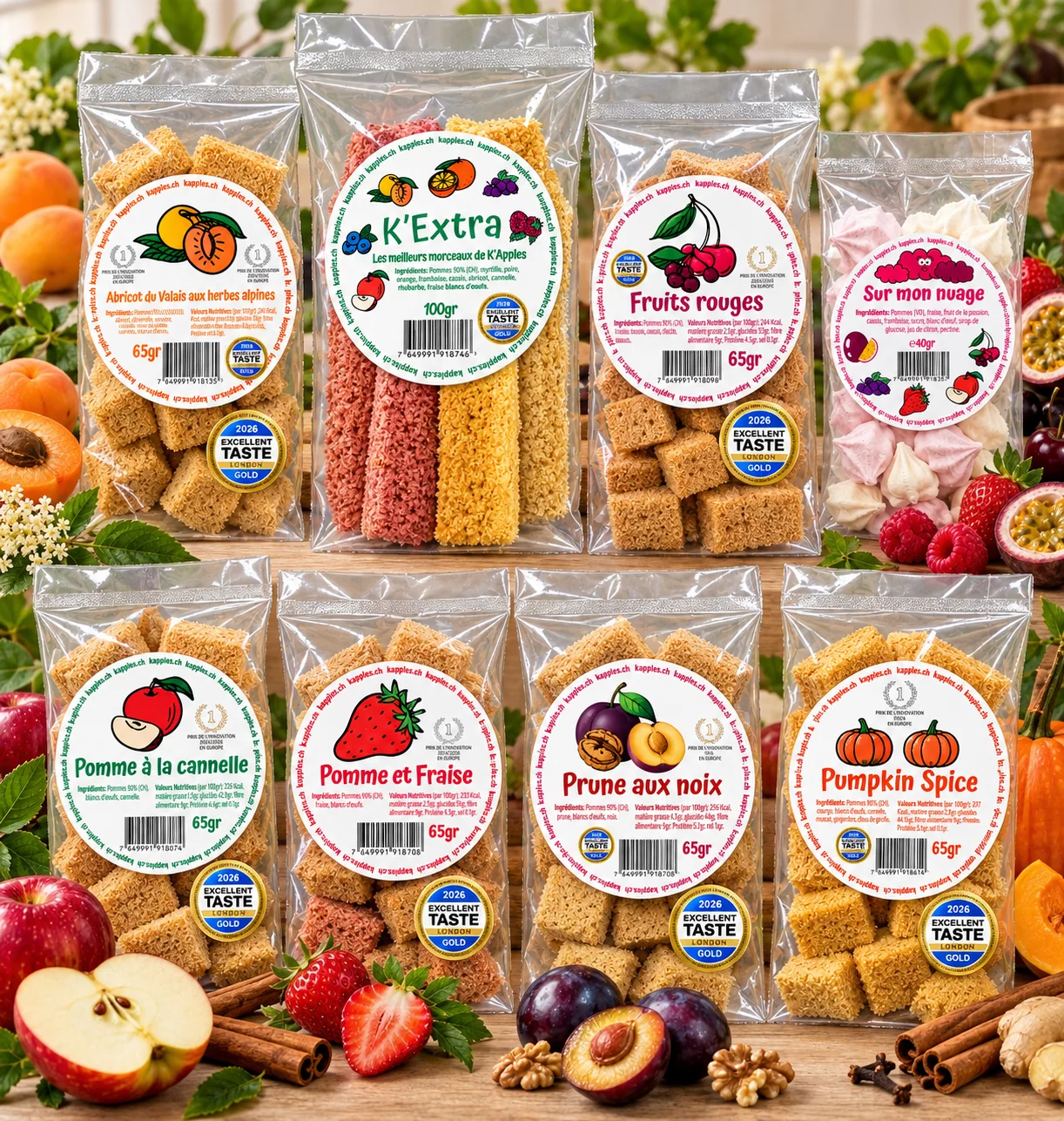 Sachets transparents de collations fruitées colorées disposés parmi des fruits frais, des baies, des noix et de la cannelle