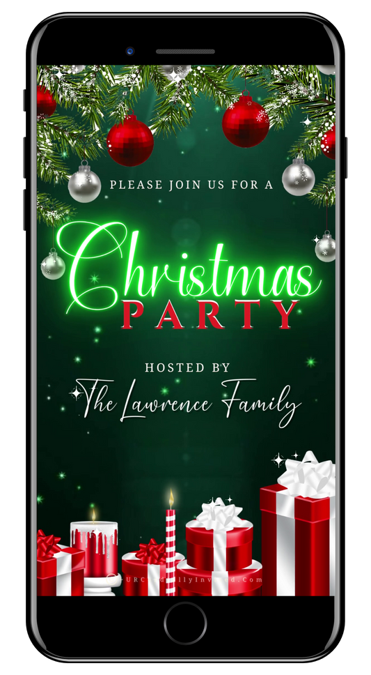 Neon Green Glitter Ornaments Christmas Video Invitation