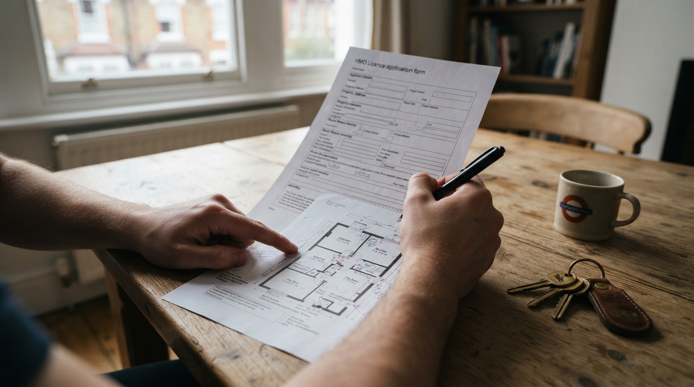 A close-up of hands comparing a generic HMO licence form with a floor plan on a wooden dining table beside house keys.