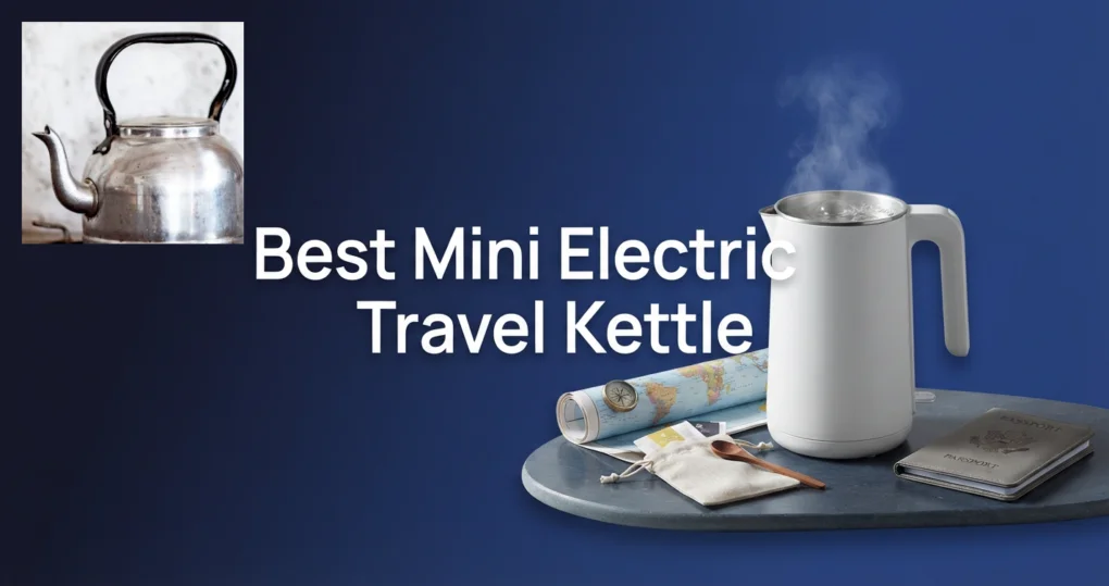 White mini electric kettle beside travel items on a table