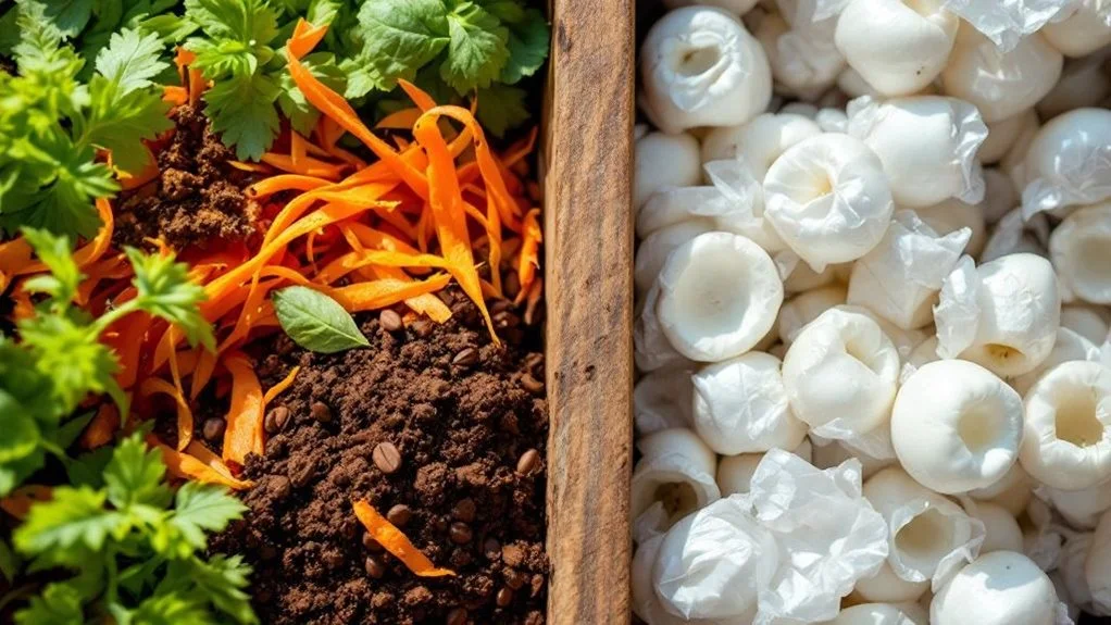 Compostable kitchen scraps beside dark soil and herbs