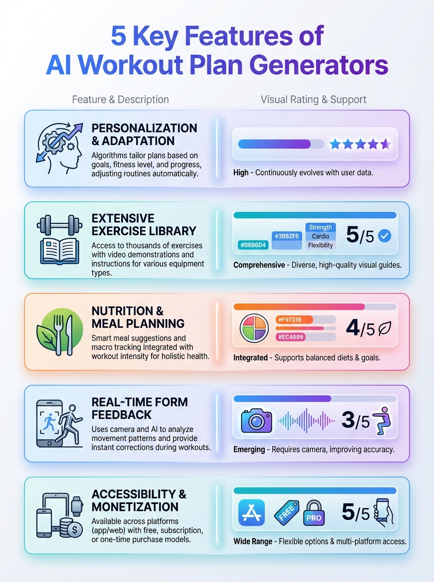 Infographic showing Top 5 Best AI Workout Plan Generators in 2026: 5 key features of AI workout planners.