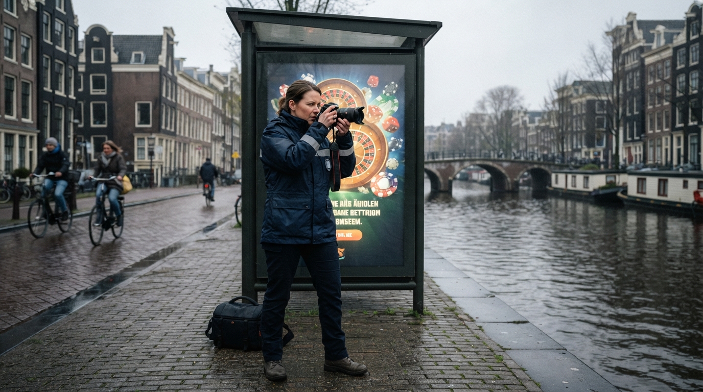 A municipal compliance worker photographs a gambling advertisement on a bus shelter beside a Dutch canal on a gray morning.