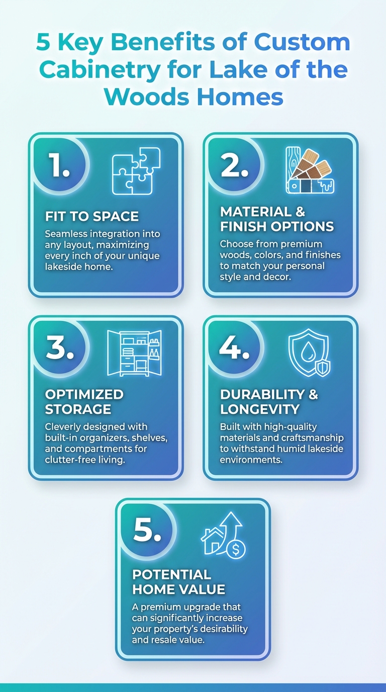 Infographic on 5 key benefits of custom cabinetry for Lake of the Woods homes.