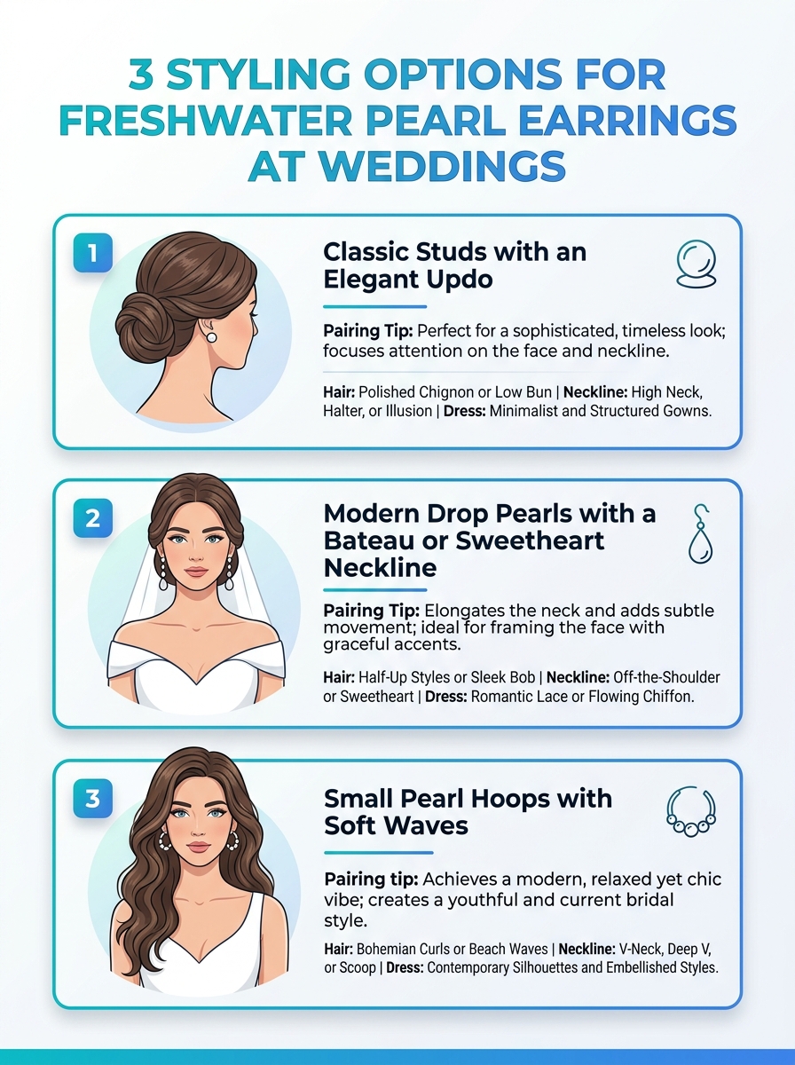 Three styling options for wearing How to Wear Modern Freshwater Pearl Earrings for Weddings, with pairing tips.