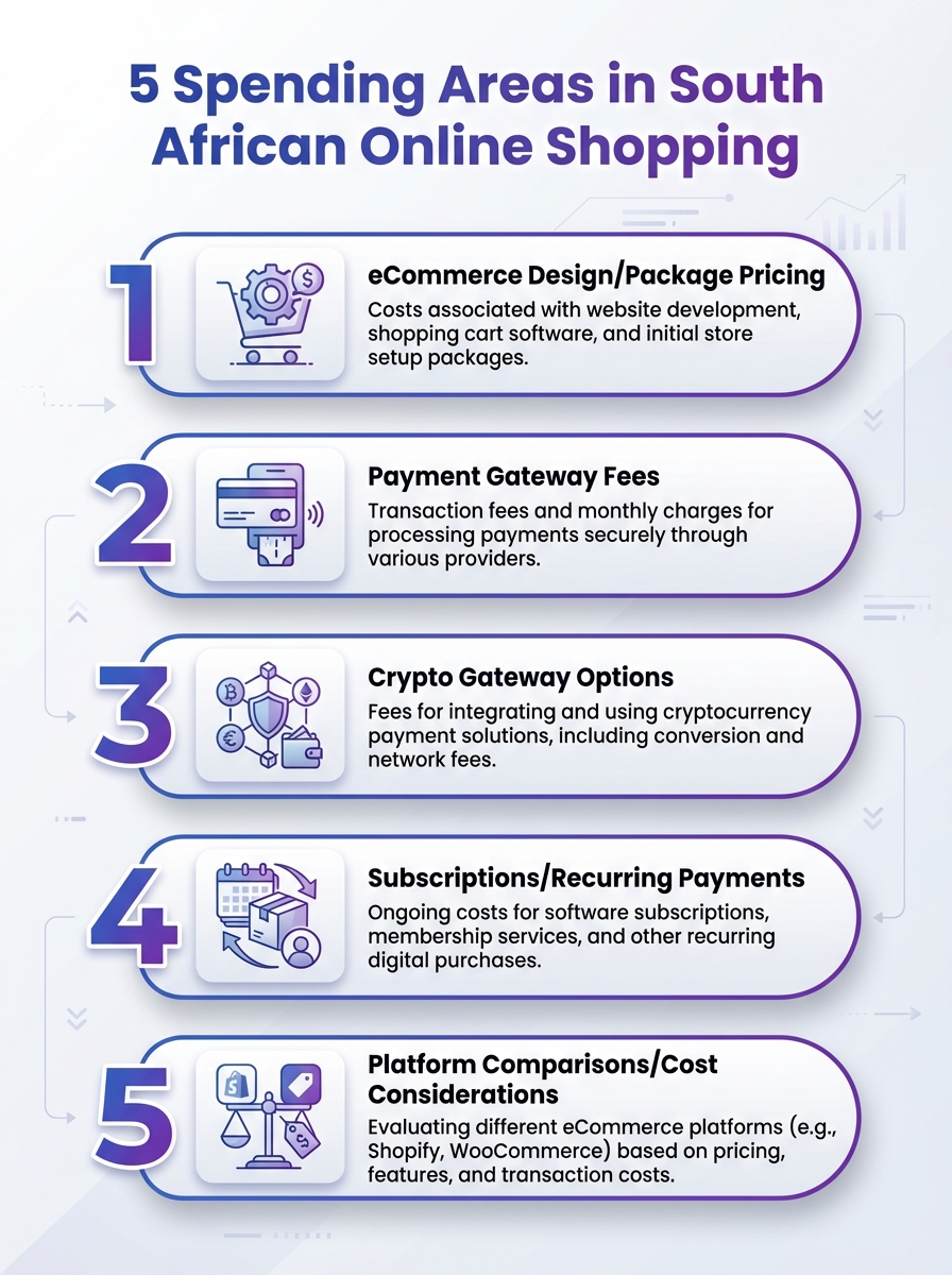 Infographic of 5 spending areas South African men use when shopping online.