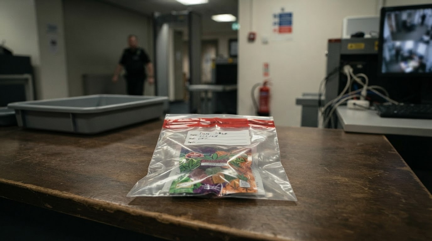 A sealed packet of gummy sweets rests in a clear evidence bag on a courthouse security desk, viewed wide beneath subdued