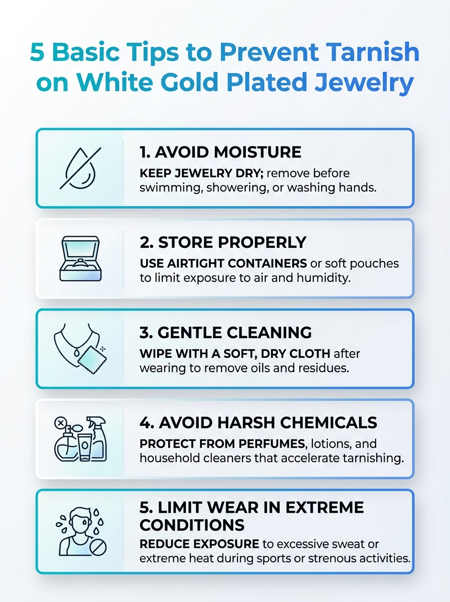 Infographic: Best Ways to Prevent Tarnish on White Gold Plated Jewelry NZ