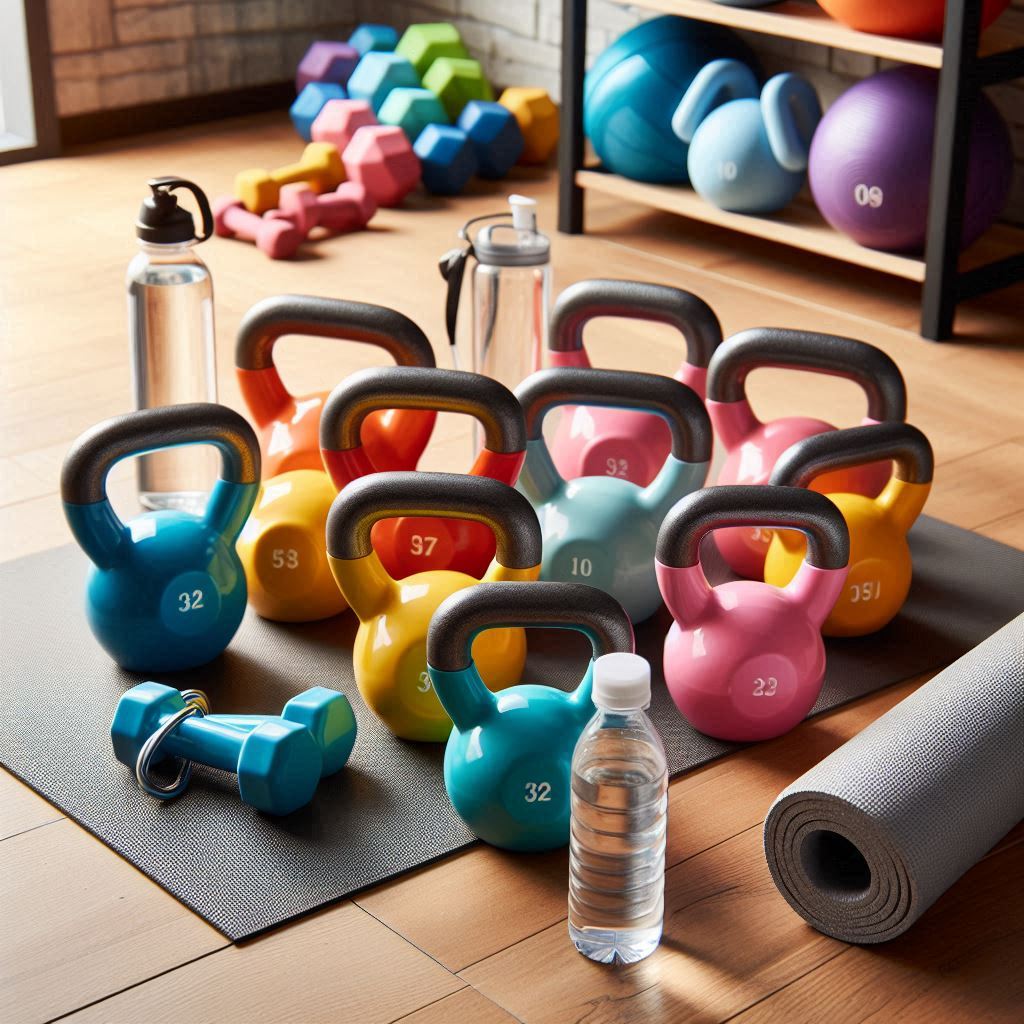 Kettlebells arranged with home workout equipment