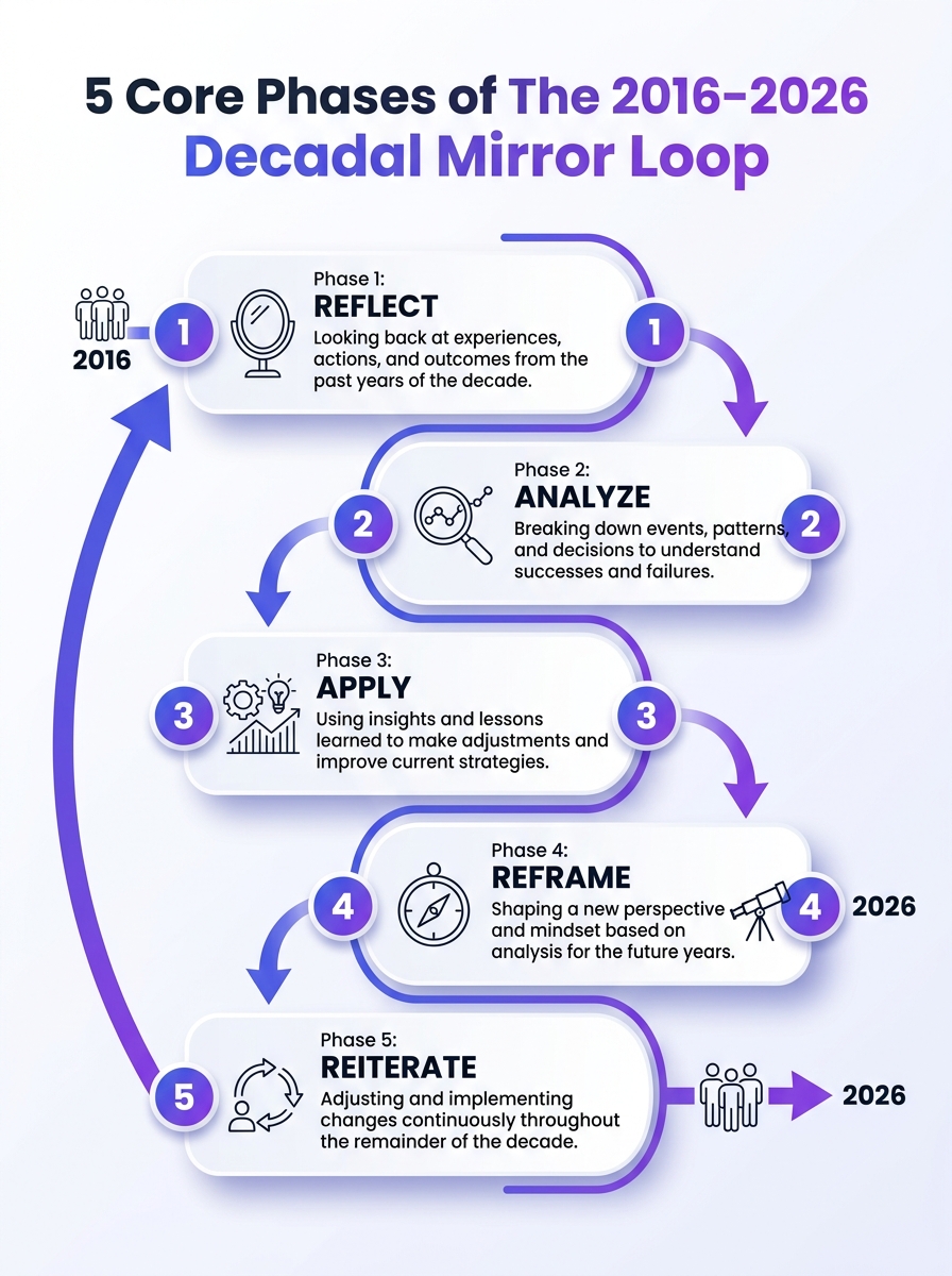 Infographic showing the five core phases of the 2016-2026 Decadal Mirror Loop.