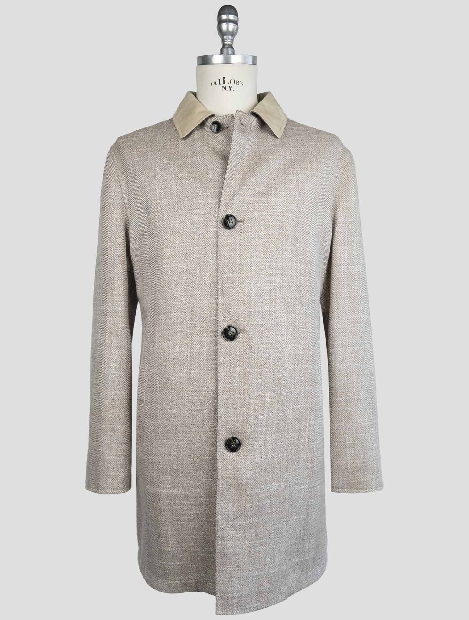 Kiton Beige Brown Virgin Wool Silk Linen Reverse Coat