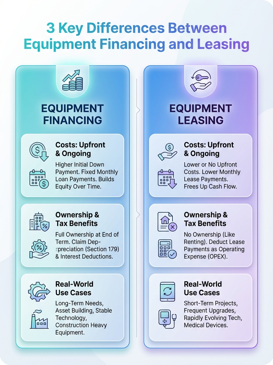 Infographic: equipment financing vs leasing - costs, tax benefits, and real-world use cases; 3 key differences.