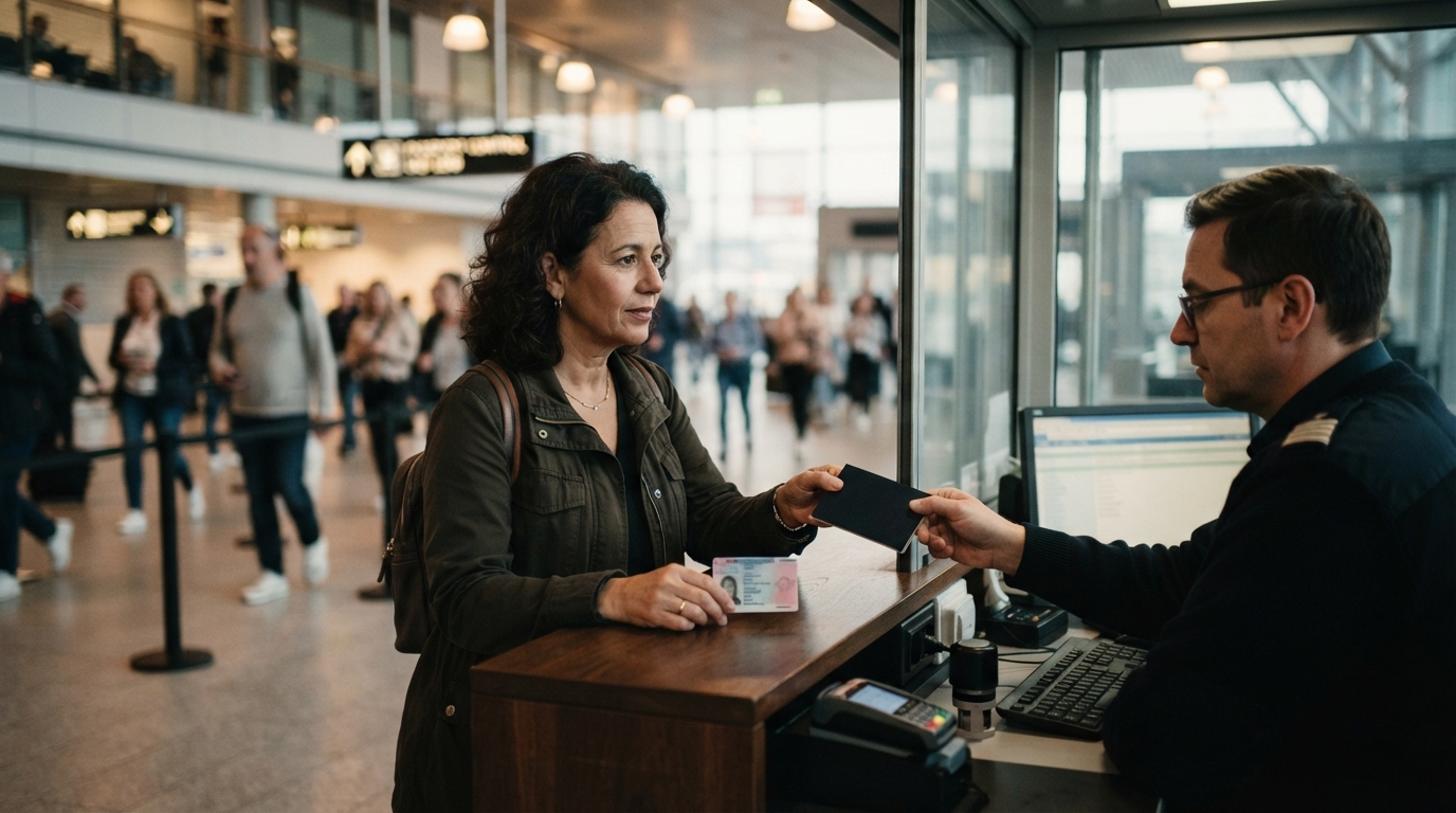 At a softly lit airport arrivals hall, a traveler presents a generic passport at border control while holding a residence