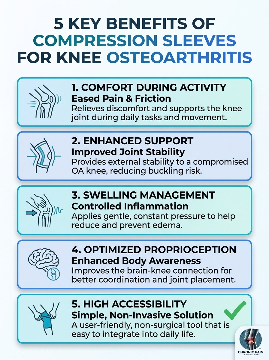 Five key benefits of compression sleeves for knee osteoarthritis: pain relief, support, circulation, mobility.