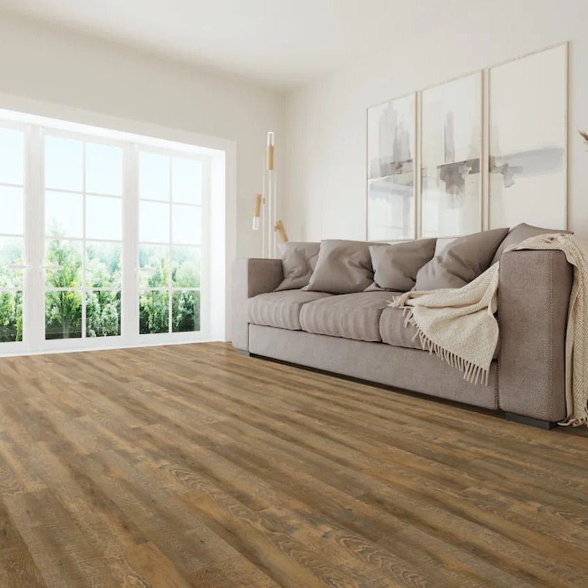 Weathered vinyl plank flooring in a room