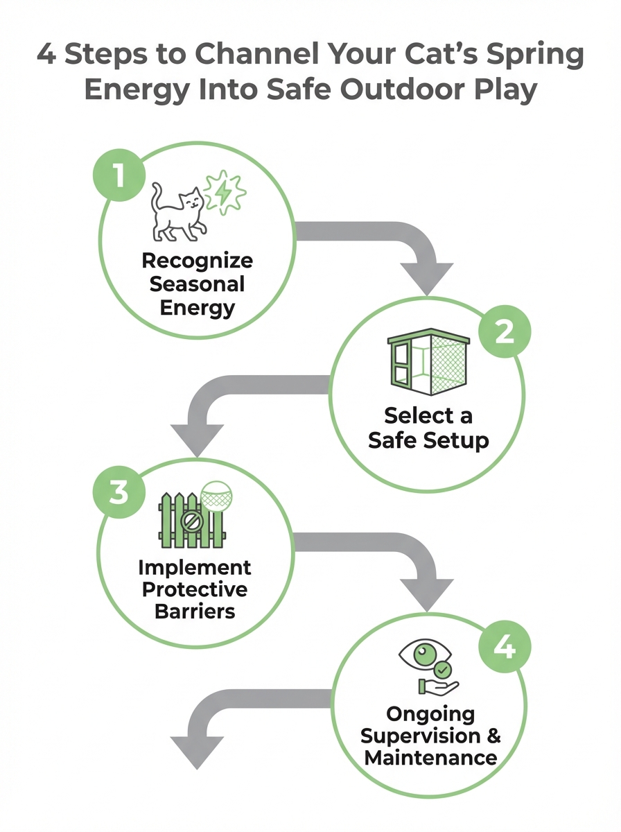 Infographic: 4 steps to channel your cat's spring energy into safe outdoor play; Spring Energy Burst theme.
