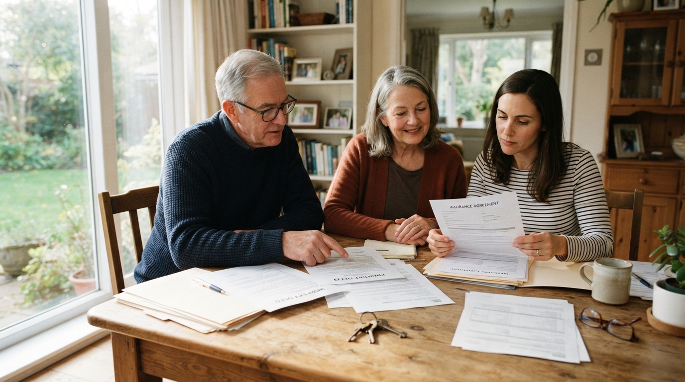A couple and adult daughter sort property deeds, insurance papers, and house keys at a sunlit dining table in their family