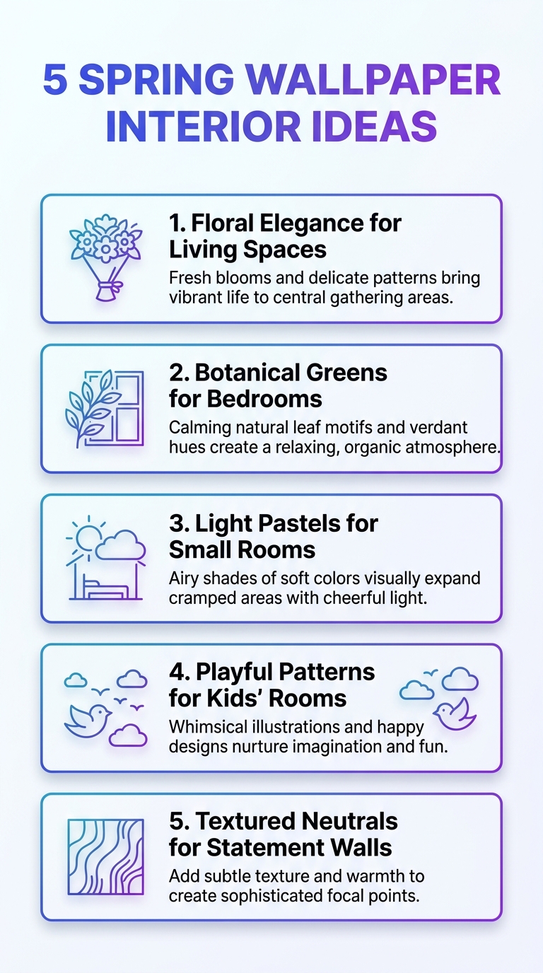 Infographic: 5 Spring Wallpaper Interior ideas for refreshing home decor.