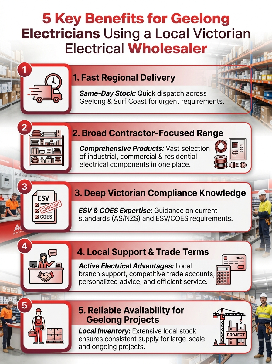 5 key benefits for Geelong electricians using a local Victorian electrical wholesaler (Electrical Supplies Geelong Victoria)