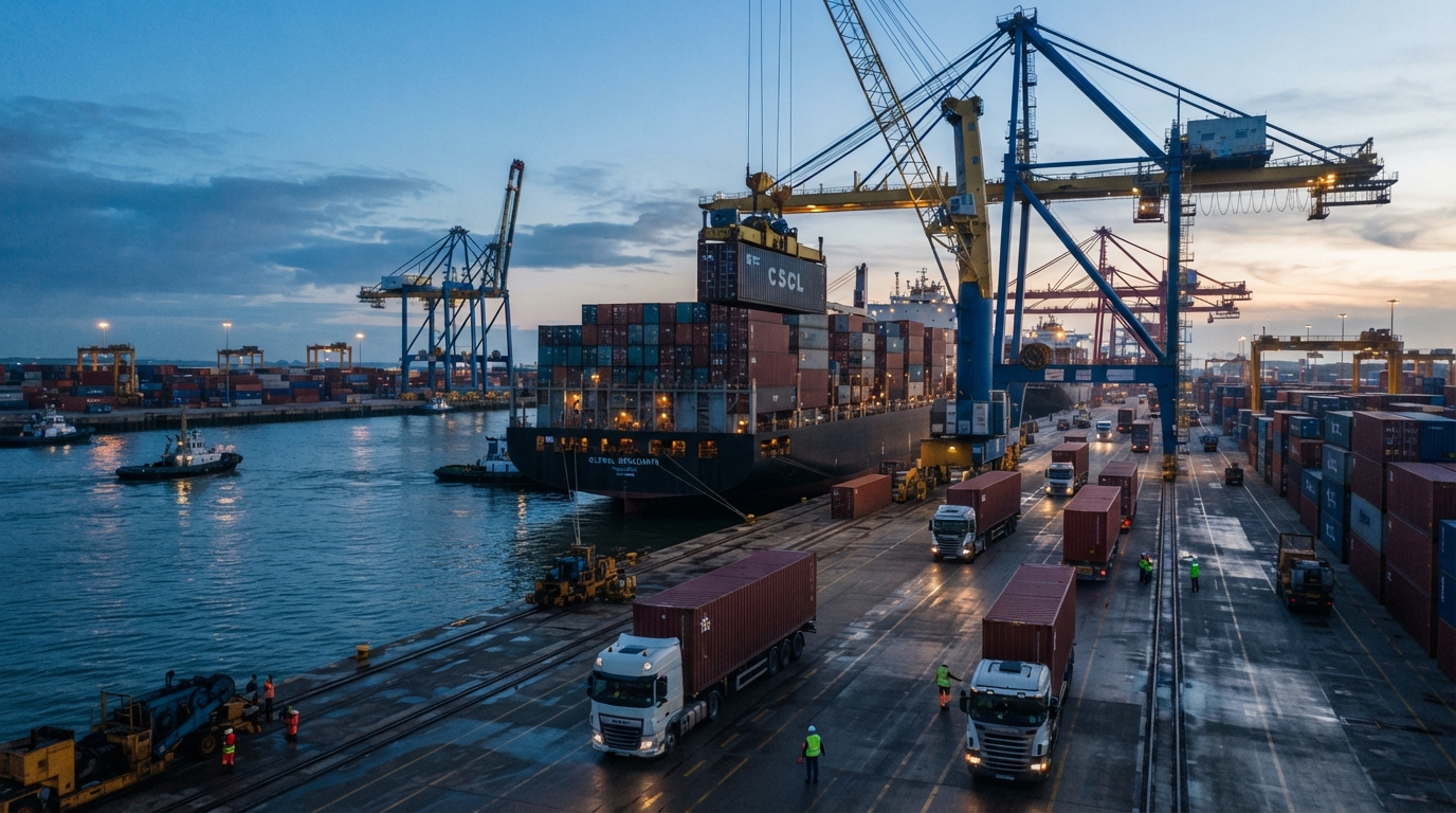Cargo cranes transfer stacked shipping containers between a freighter and trucks at a busy harbor in cool dawn light.
