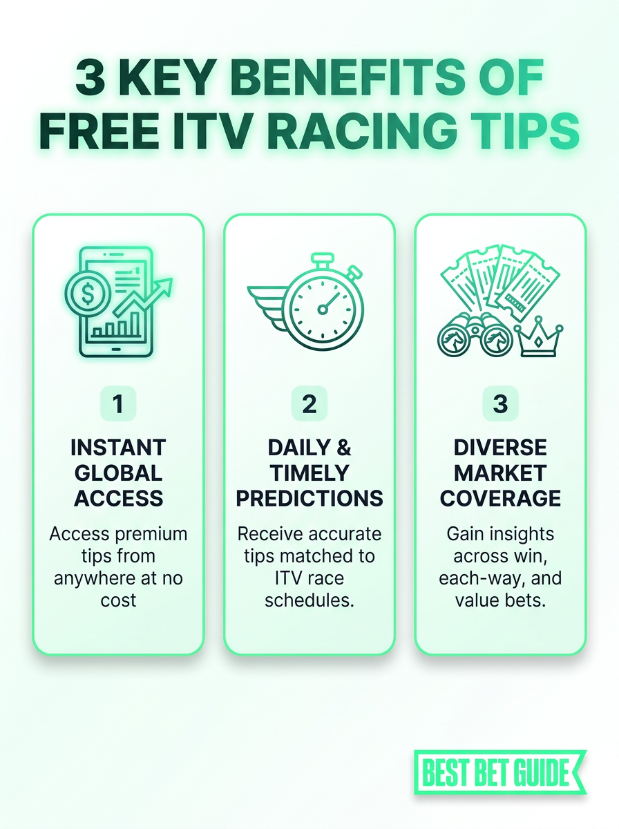 Infographic: 3 key benefits of Free ITV Racing Tips Today for bettors.