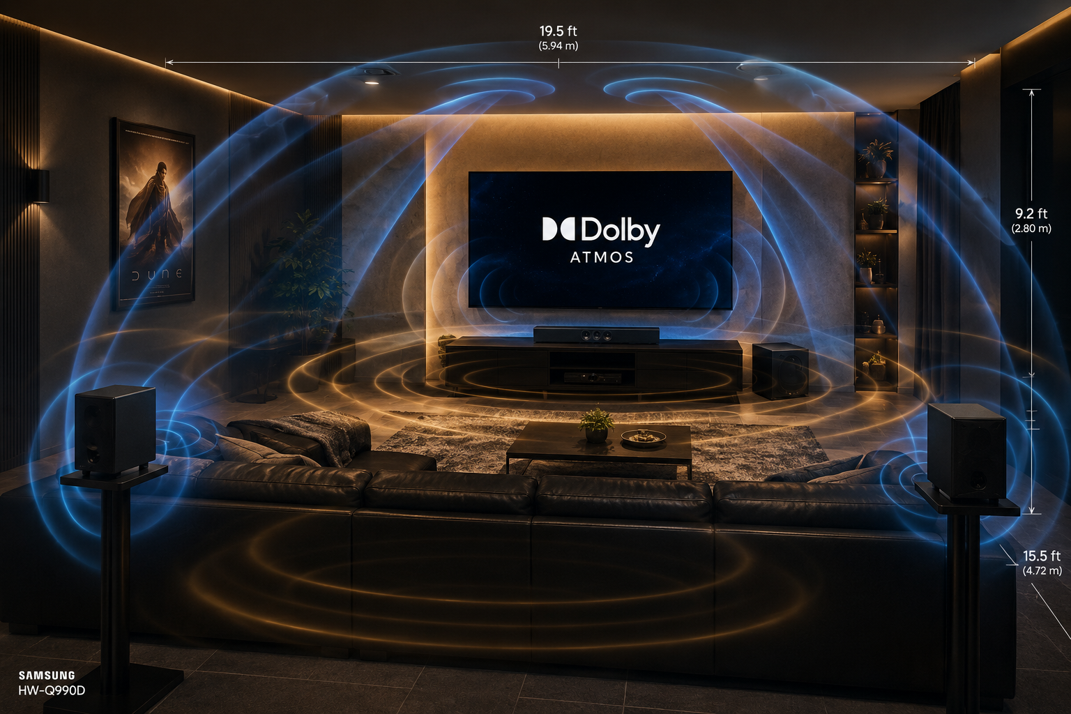 Example living room home theater setup with Samsung soundbar system components