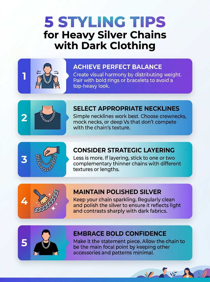 Infographic: How to Style Heavy Silver Chains with Dark Clothing - 5 styling tips.