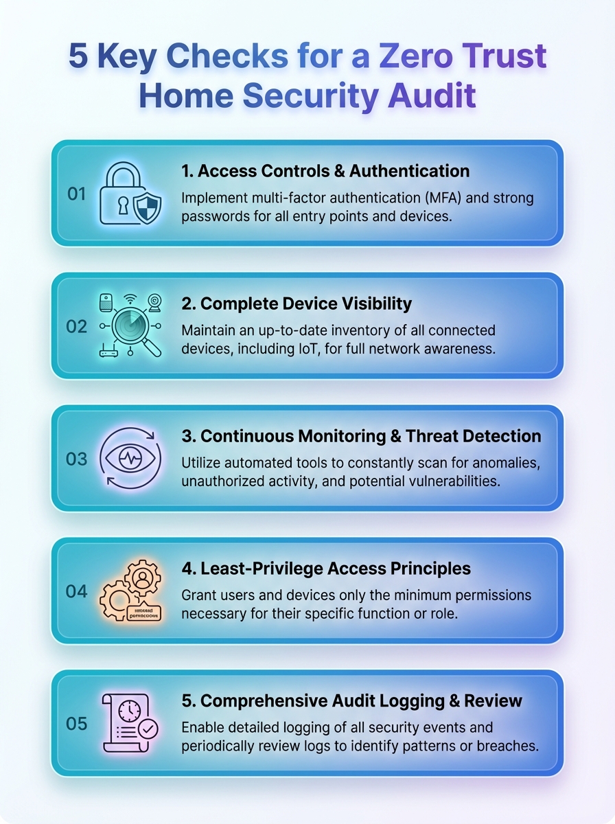 Infographic visualizing five key checks for Zero Trust Home Security Audits.
