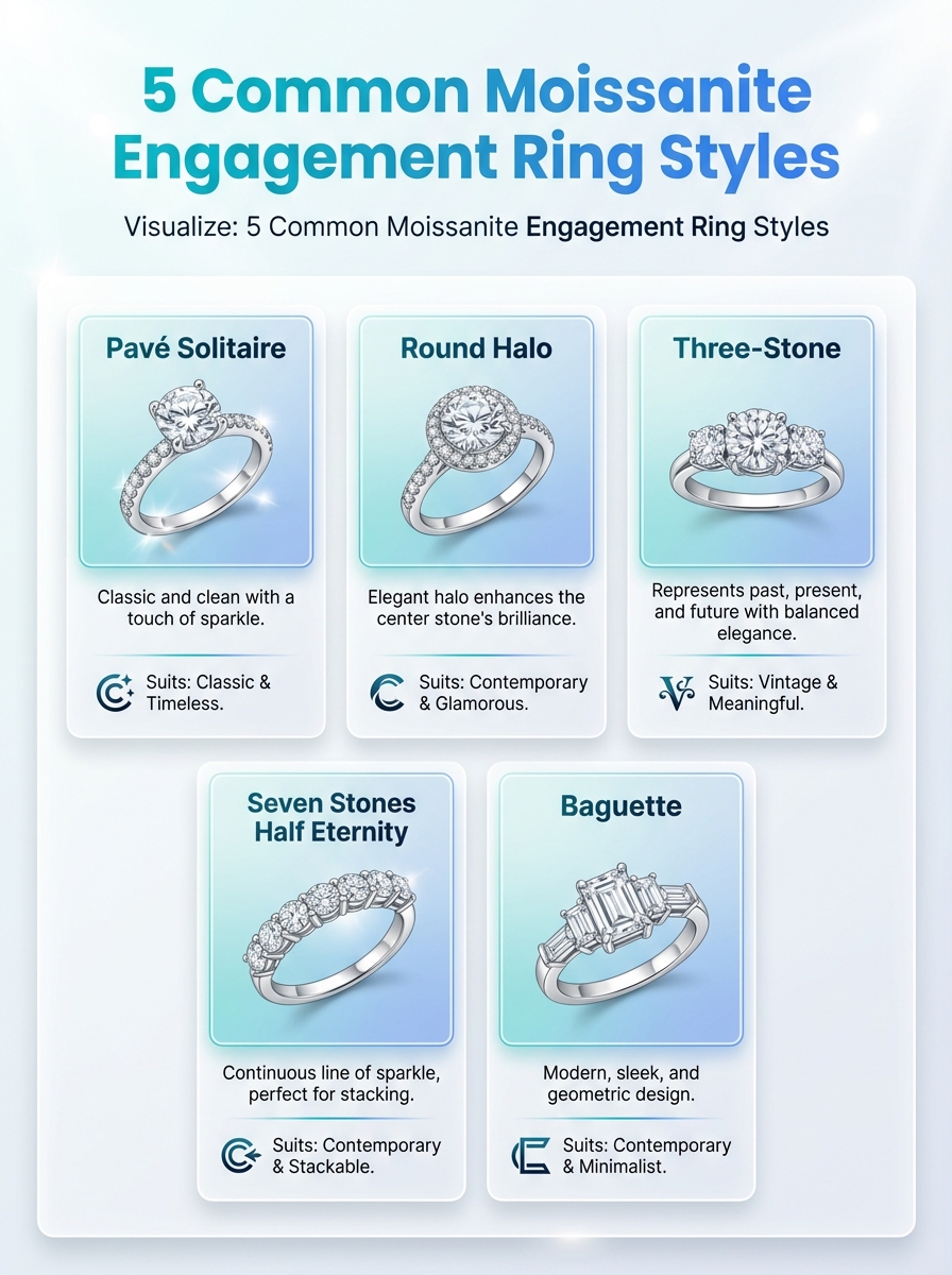 Infographic detailing 5 common moissanite engagement ring styles and design cues.