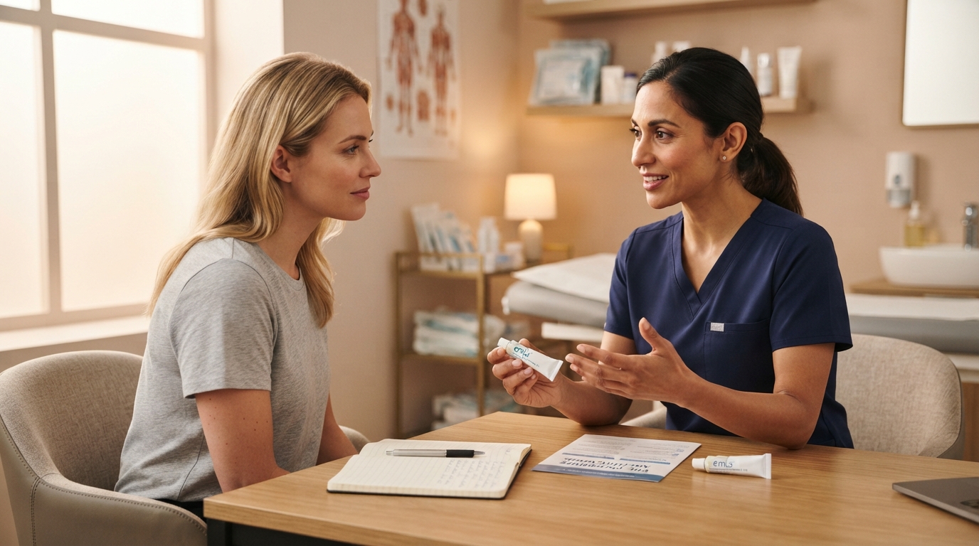 A clinician and patient discuss topical numbing cream before a skin procedure in a bright dermatology consultation room
