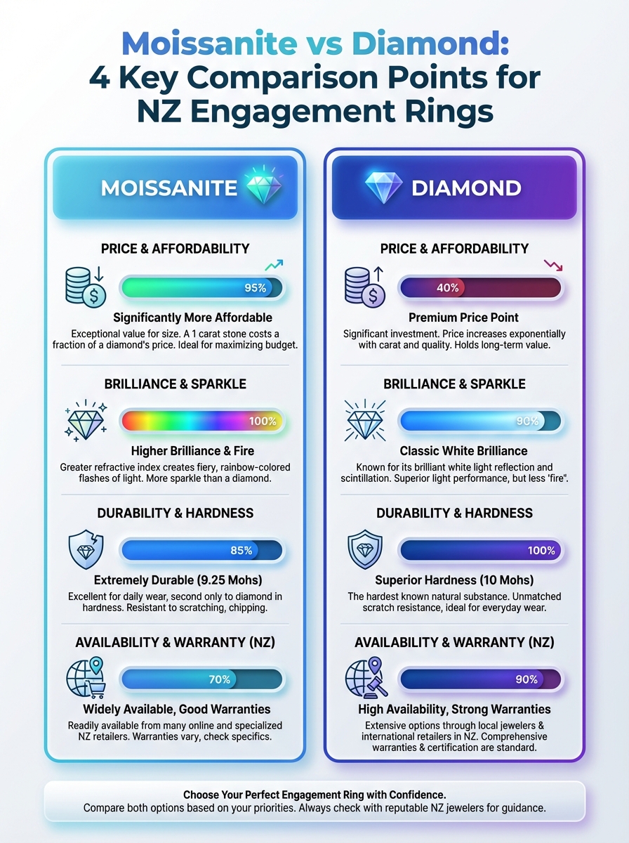 Moissanite vs Diamond: 4 key comparison points for NZ engagement rings.