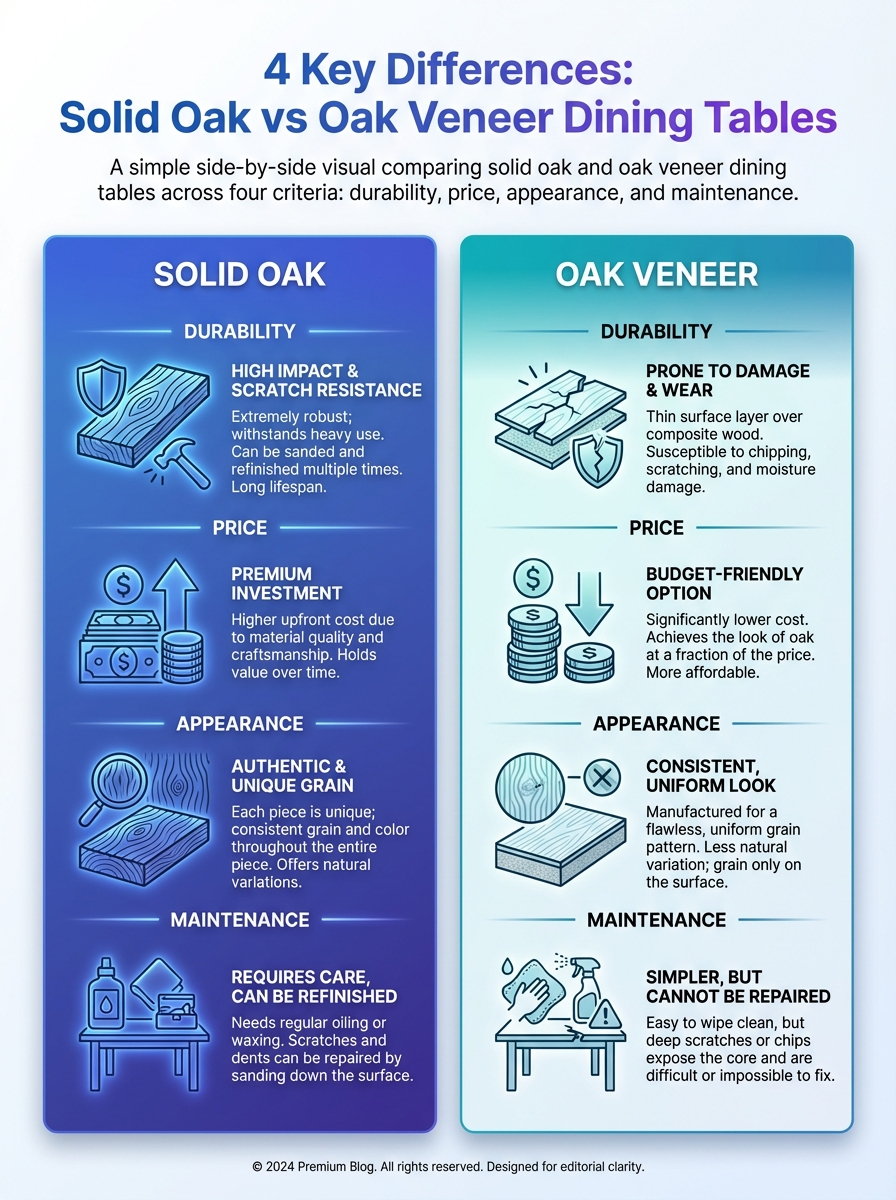 Infographic comparing Oak dining tables versus veneer options: 4 key differences between solid oak and oak veneer dining tables.