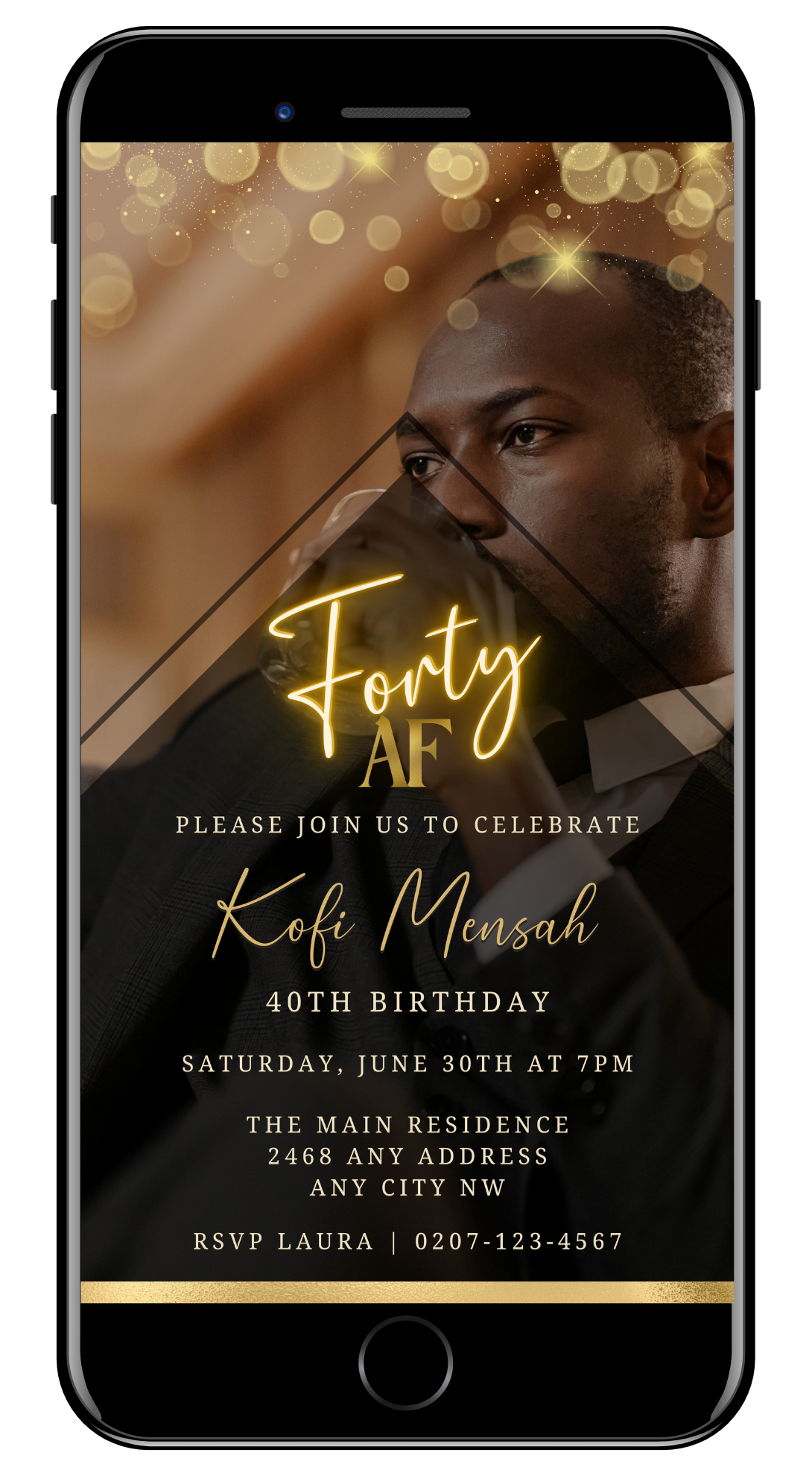 Gold Neon Forty AF Party Evite with photo background for men