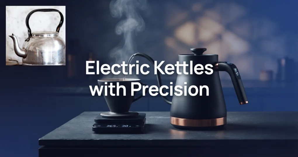 Electric kettle beside a steaming kettle in a kitchen