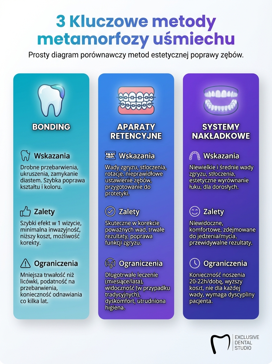Infografika: 3 kluczowe metody metamorfozy uśmiechu w Najlepszej stomatologii estetycznej.