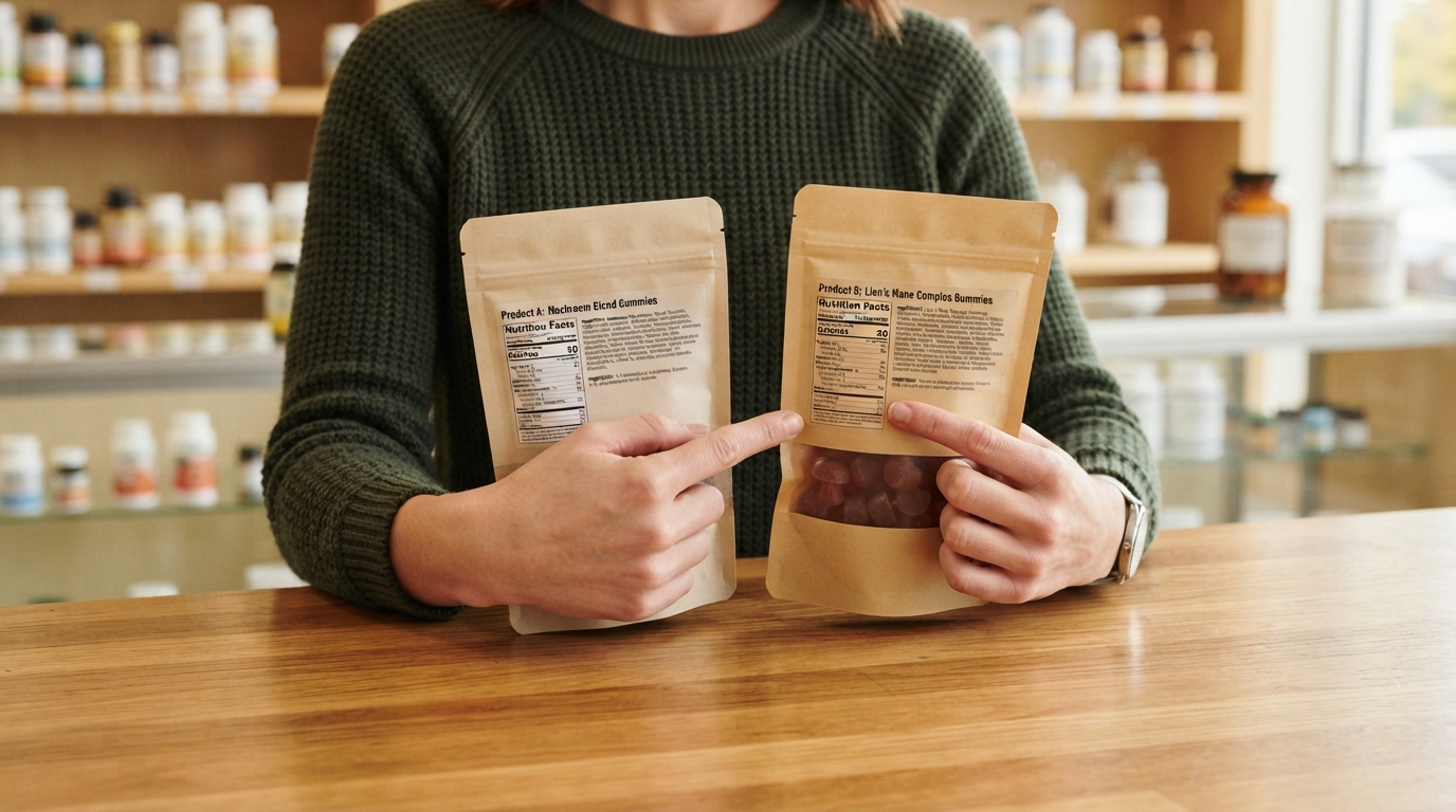 A person compares two unbranded gummy pouches and their ingredient panels on a pharmacy counter under clear, even lighting.